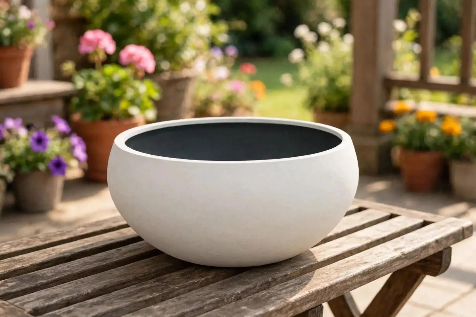 Round Ficonstone Bowl Pot White 15.7x7.6 Inch | Shallow Stone-Look Planter Bowl | Patio Garden Pot