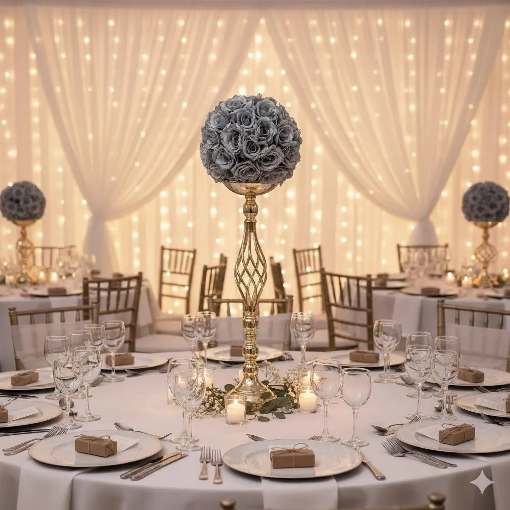 23" Centerpiece With Gold Twist Stand/Flower Ball Stand/Gatsby Wedding/Reception Styling/
