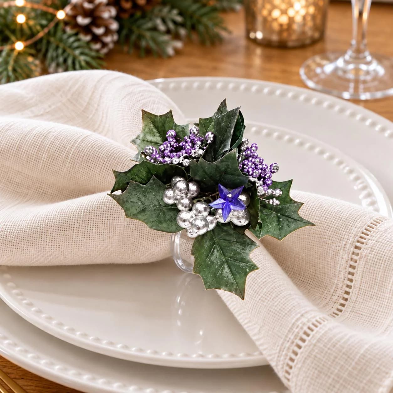 Holly Berry Glitter Star Napkin Ring, Lilac and Silver, Christmas Table Decor