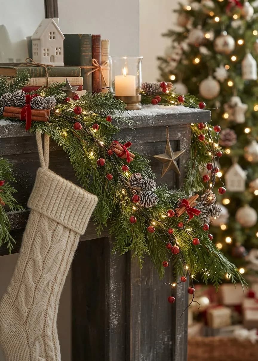 60" Red Pewter Jingle Bell Garland, Rustic Christmas Decor,Primitive Farmhouse Holiday Mantel Accent,Winter Twig & Metal Bell Hanging Strand