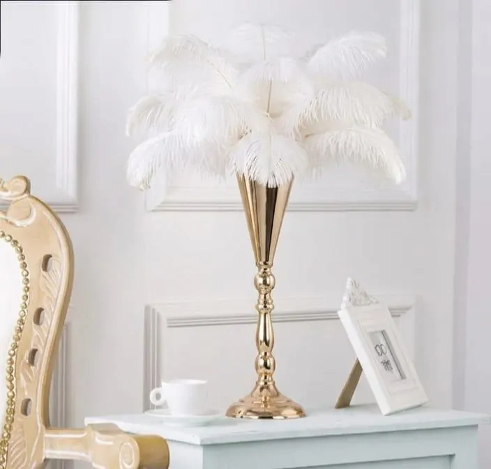 Gold Trumpet Vase Centerpiece with White Ostrich Feathers, 16.5" Tall Wedding Table Decor, Gatsby Glam Party Centerpiece, Hollywood