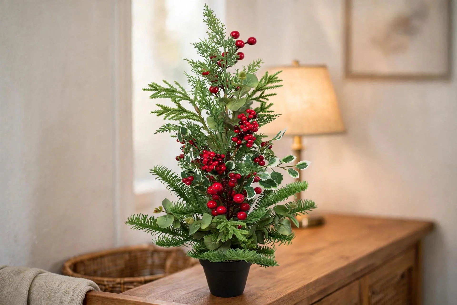 Red Berry and Holly Arrangement 26 Inch | Potted Christmas Tabletop Tree with Mixed Greenery | Festive Centrepiece