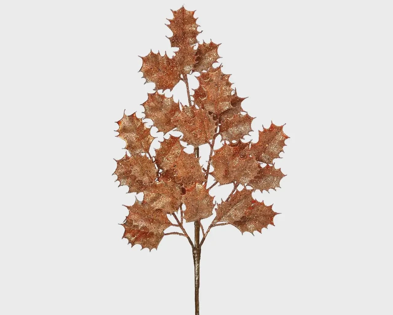 26" Copper Metallic Holly Leaf Spray – Artificial Sparkly Holly Branch, Faux Copper Christmas Leaf Stem for Holiday Wreaths and Decor