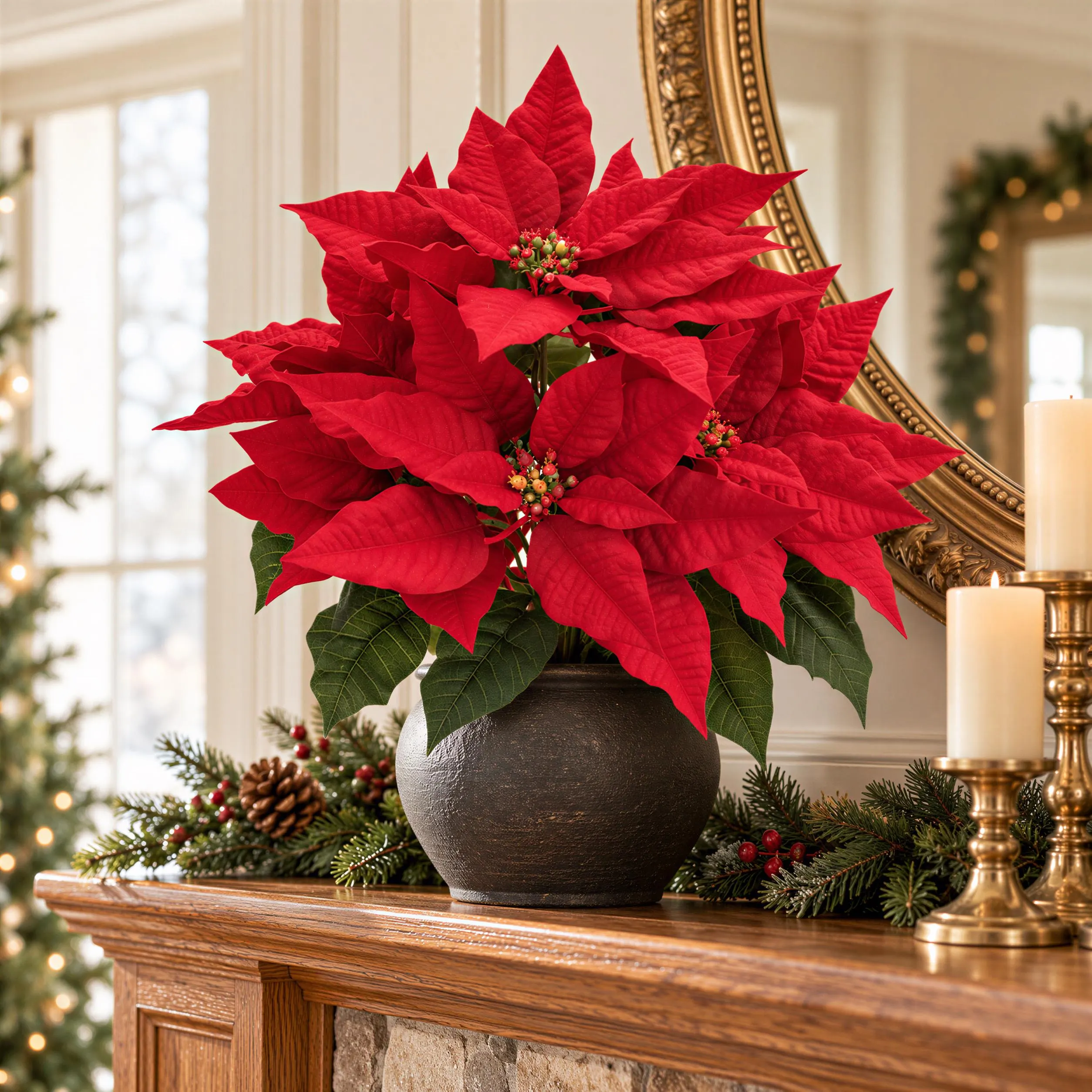 7 Heads, 19 Inch Red Poinsettia Bush, Artificial Christmas Flowers