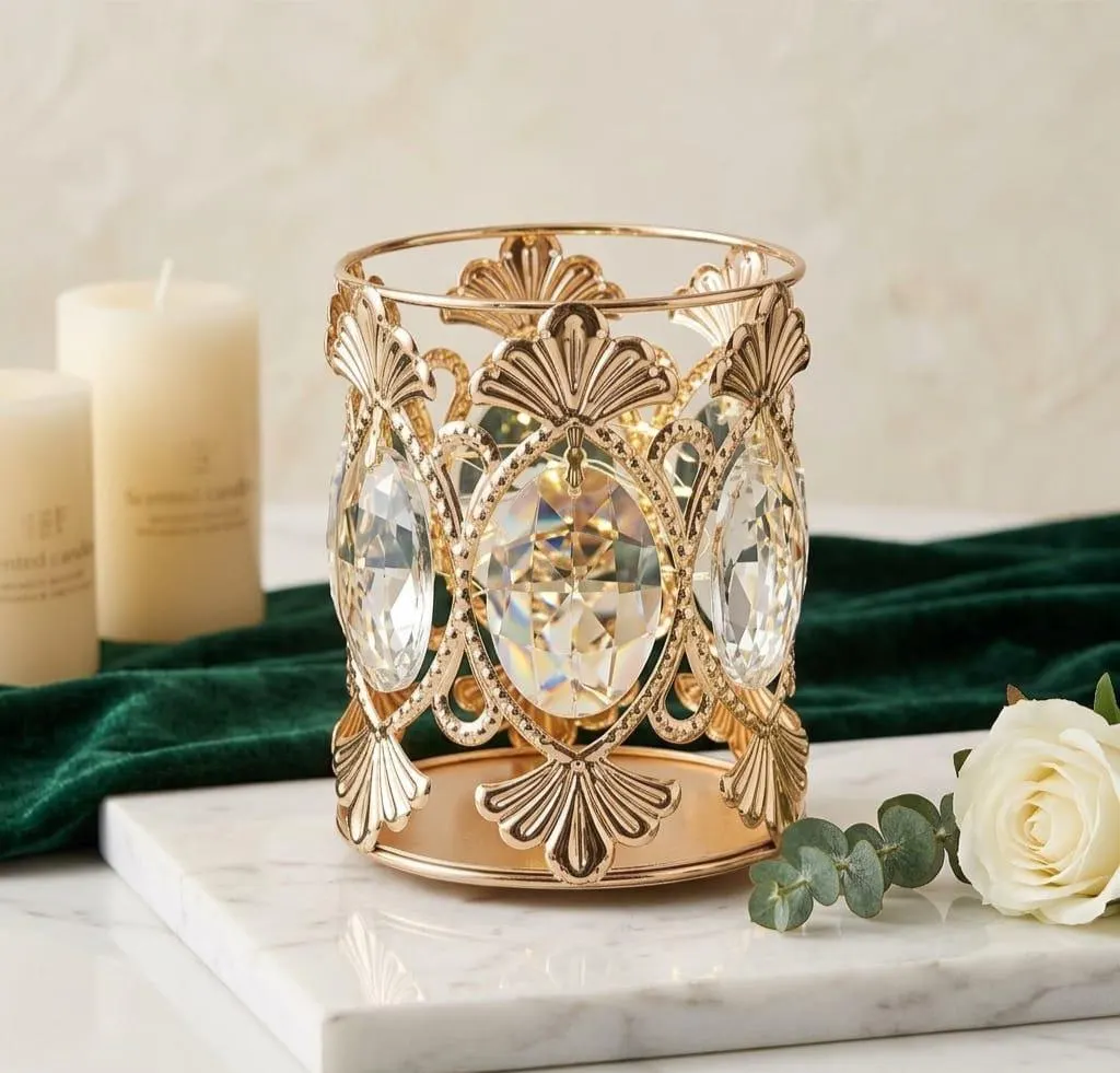 Rose Gold Crystal Cylinder Candle Holder, Luxury Wedding Table Centerpiece, Faceted Crystal Tealight Votive Holder, Elegant Party Decor