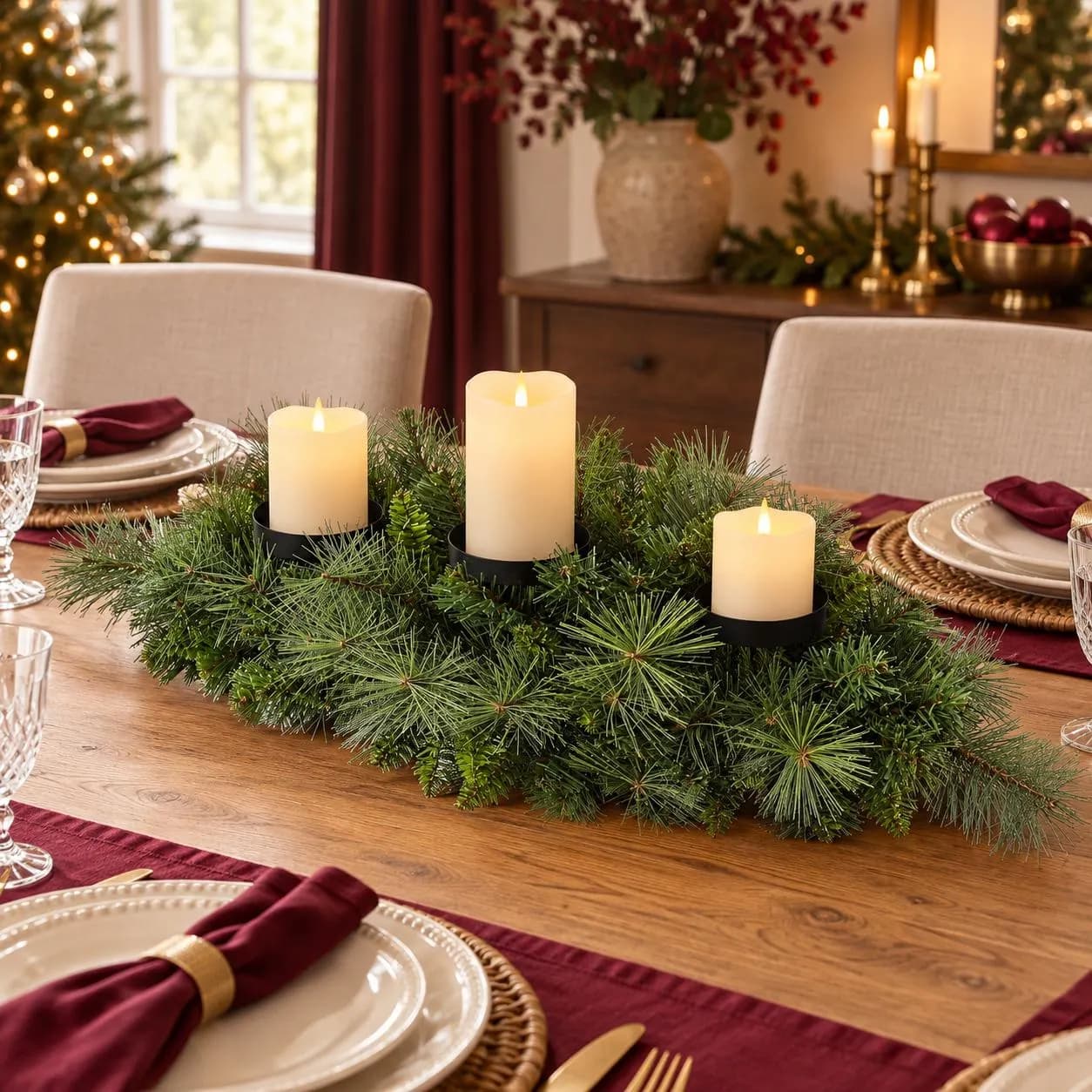 30 Inch Mixed Belgium Pine Candleholder with 3 Candle Cups, Green Christmas Table Centrepiece and Mantel Decor