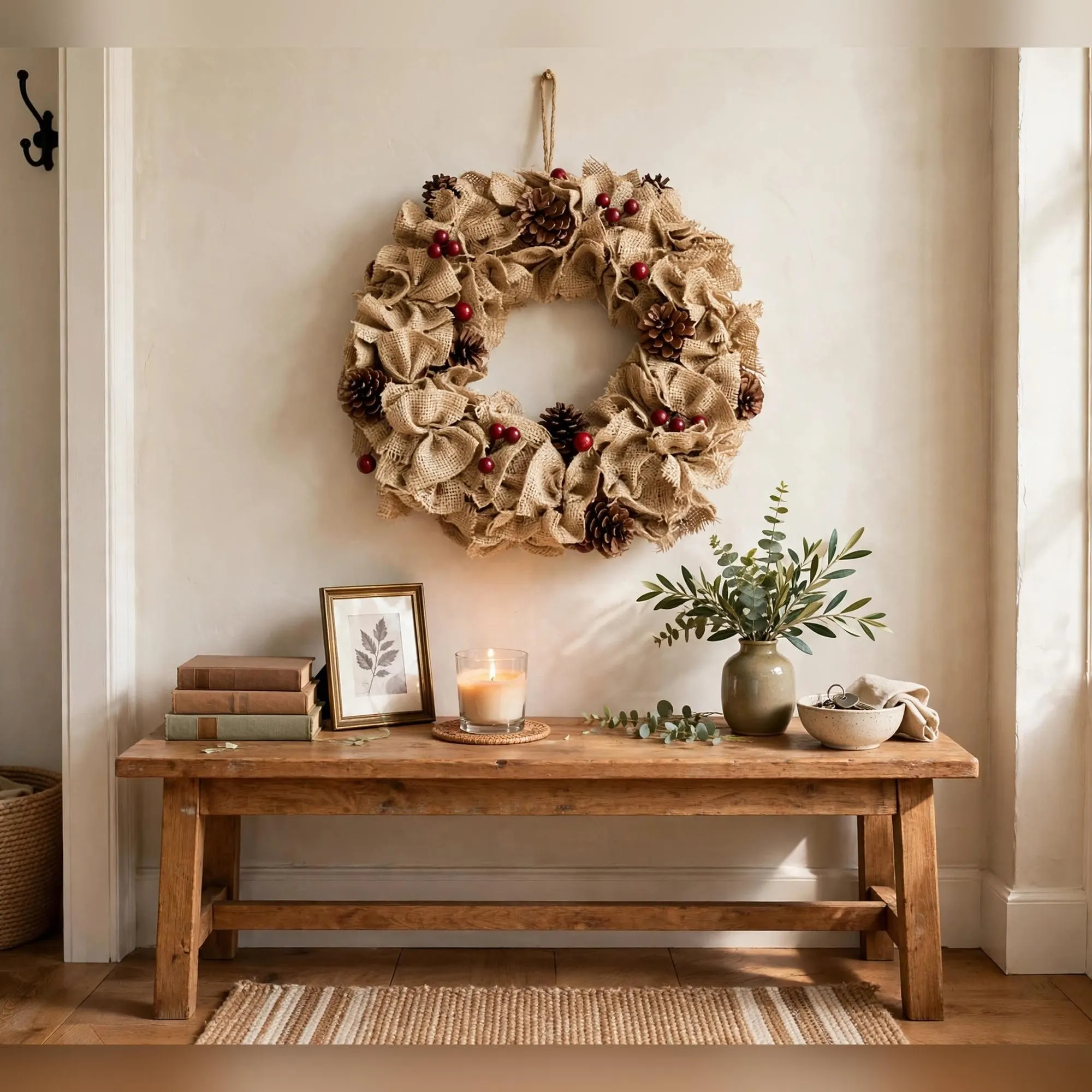16 Inch Burlap Christmas Wreath, Rustic Farmhouse Holiday Wreath with Red Berries and Pinecones, Front Door Decor