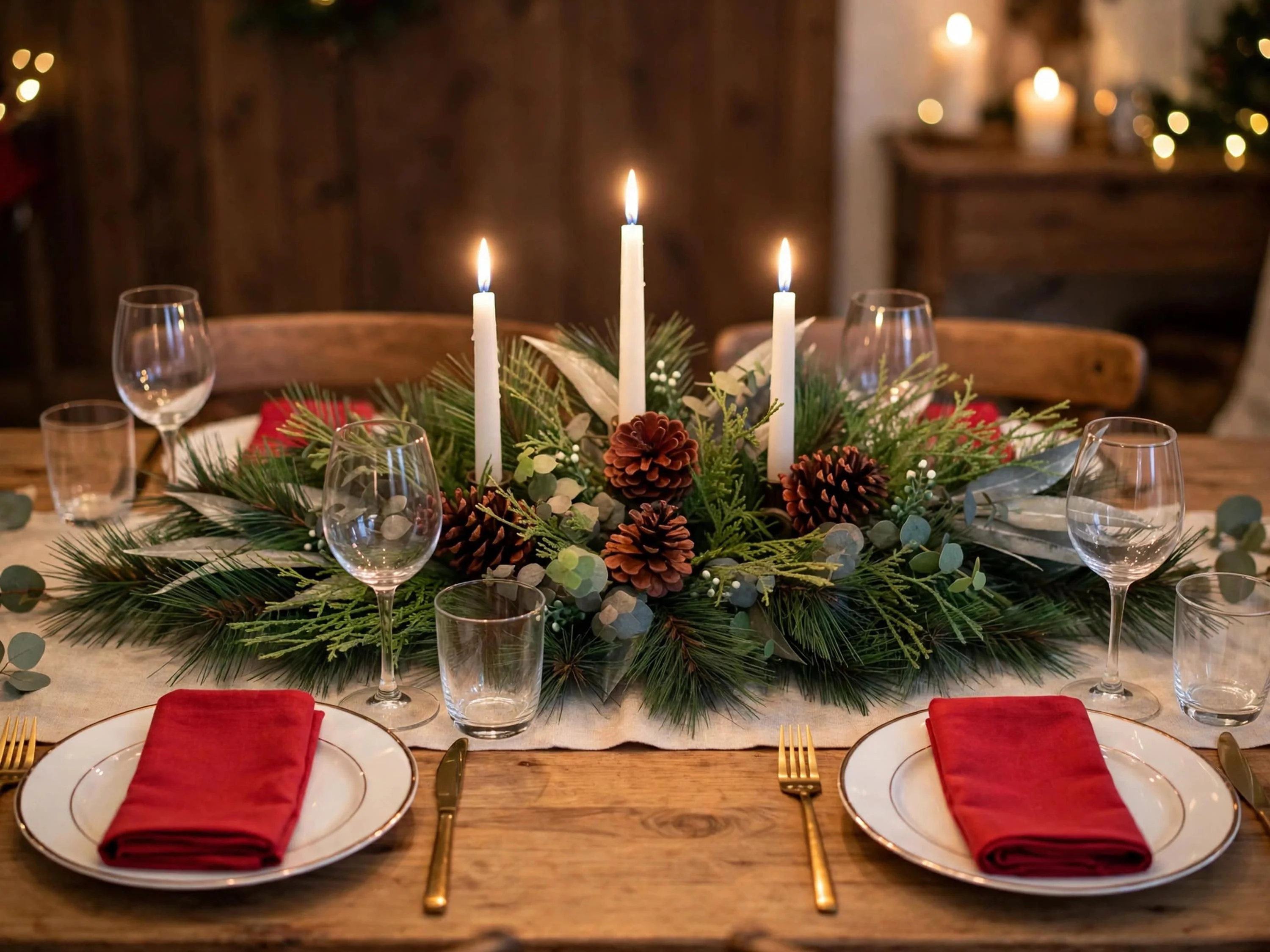 30 In Pine Christmas Centerpiece with Pinecones, Two Tone Green Table Centerpiece, 3 Candle Holder Decor