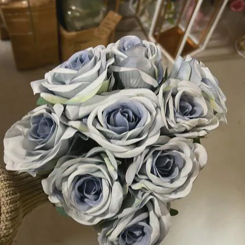 9-Head Mixes Blue Rose Bunch, Silk Artificial Rose Stem, Faux Lavender Roses for Wedding Bouquets, Romantic Purple Floral Decor,