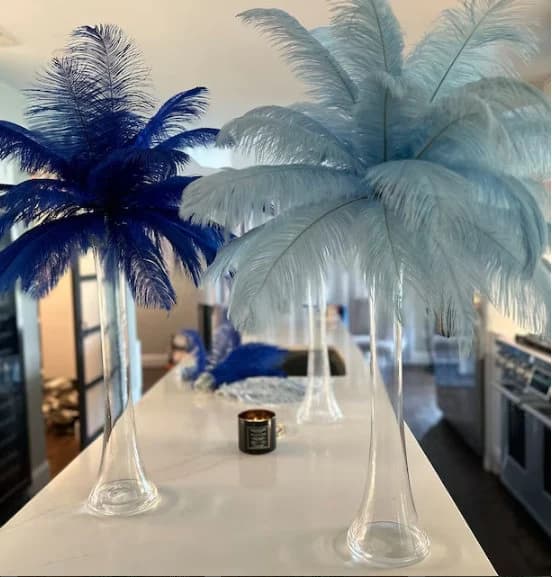 Blue 20" Tall Ostrich Feather Centerpiece Kits with Round Eiffel Tower Vase