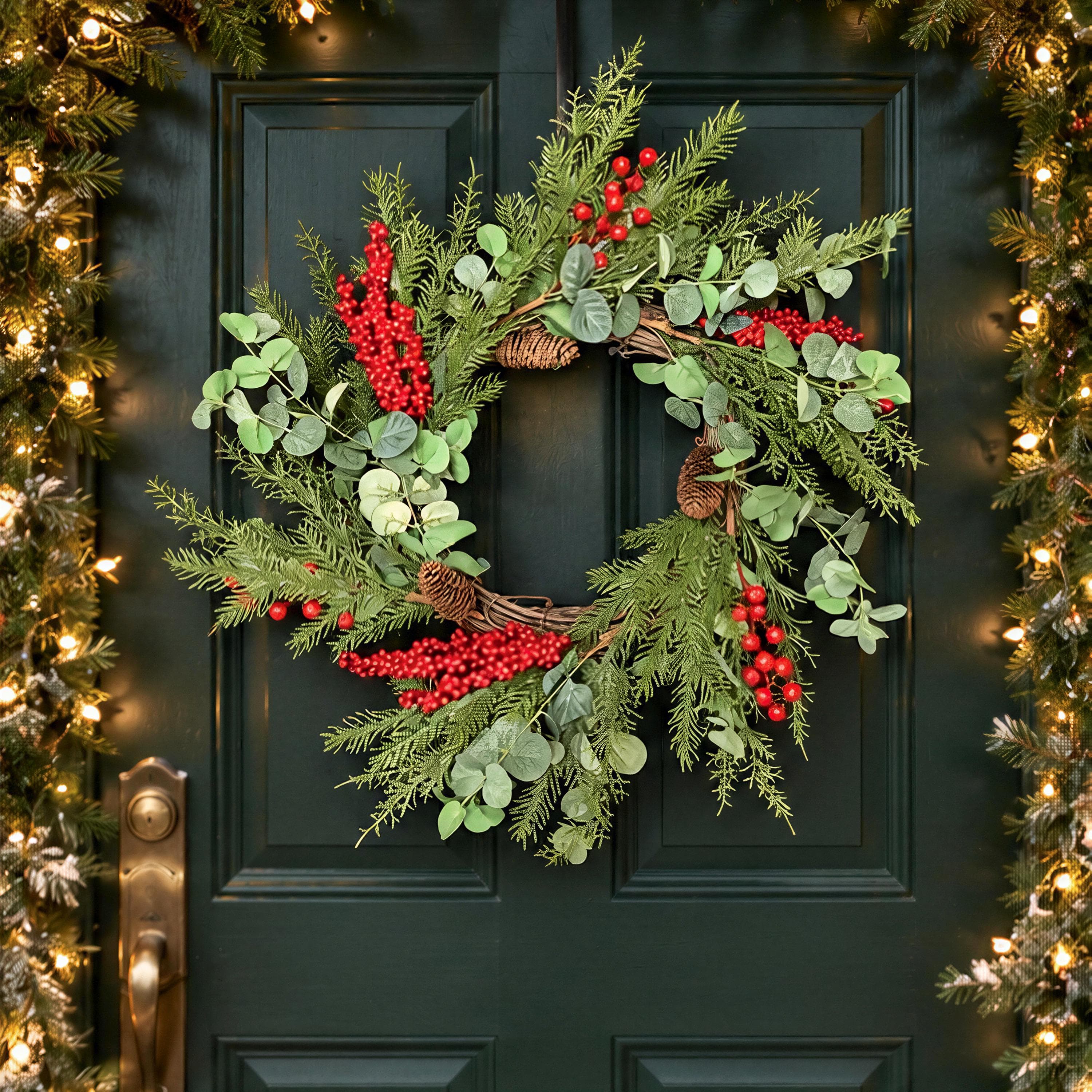 20 Inch Red Berry Christmas Wreath with Pine Cones and Greenery, Classic Holiday Front Door Decor