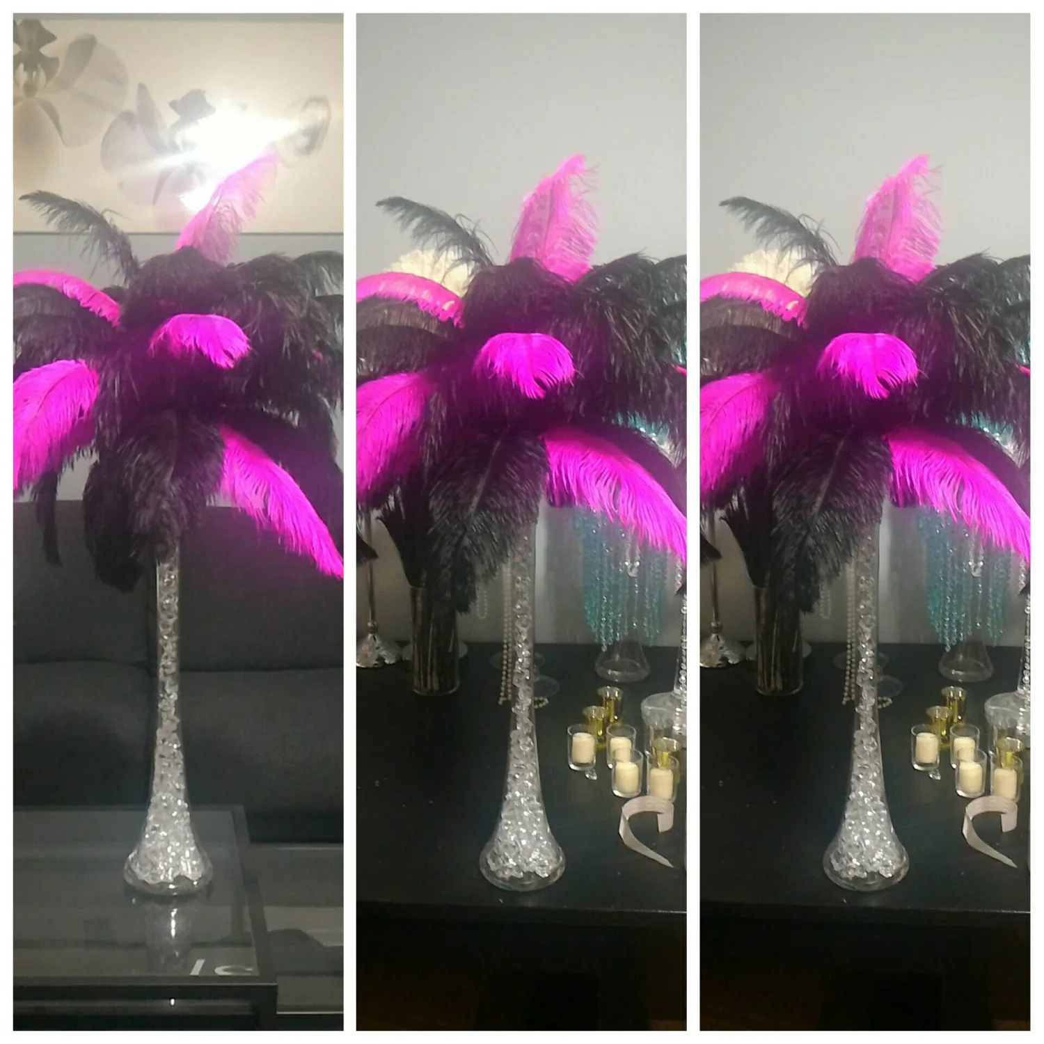 Black and Hot Pink Ostrich Feather Centerpiece with Eiffel Tower Vase Ostrich Feather Centerpiece/Bling Vase