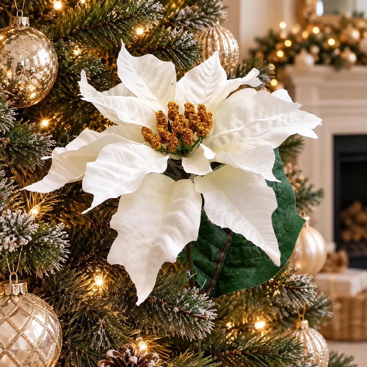 27 Inch White Single Poinsettia Stem, Artificial Christmas Flower