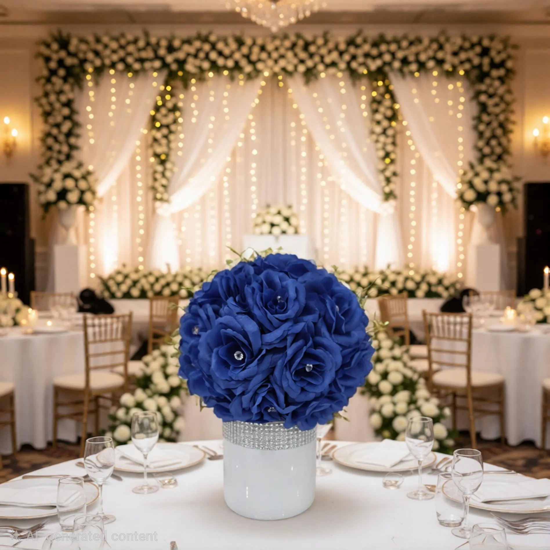 10" Royal Blue white Vase Centerpiece/Flower Ball Stand/Gatsby Wedding/Reception Styling/
