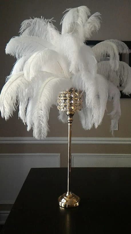 24" Tall Square Gold Crystal Globe Stand Ostrich Feather Centerpiece for Great Gatsby/Wedding/Old Hollywood/Glitz and Glam themes