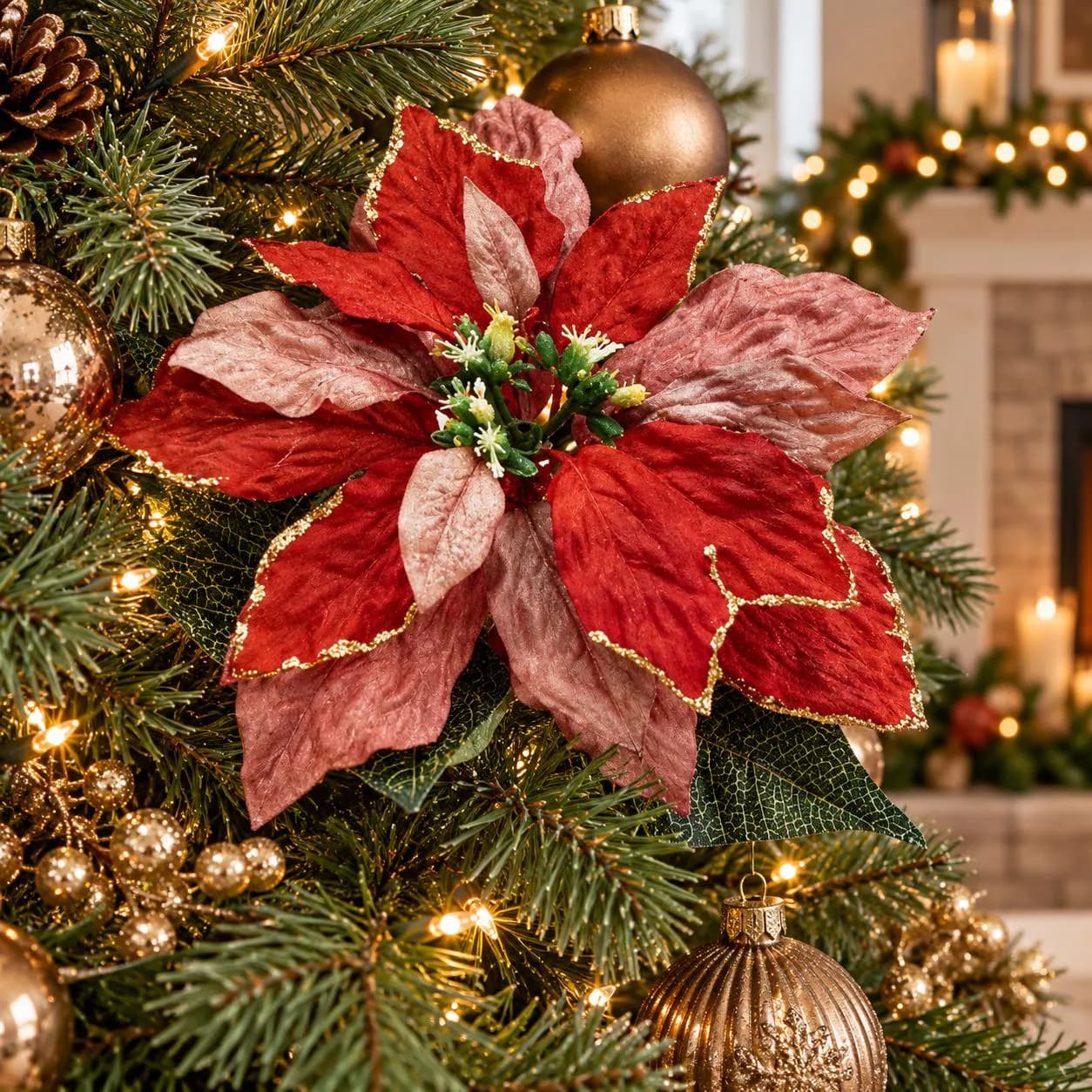 25 Inch Two-Tone Red And Gold Poinsettia Stem, Artificial Christmas Flowers