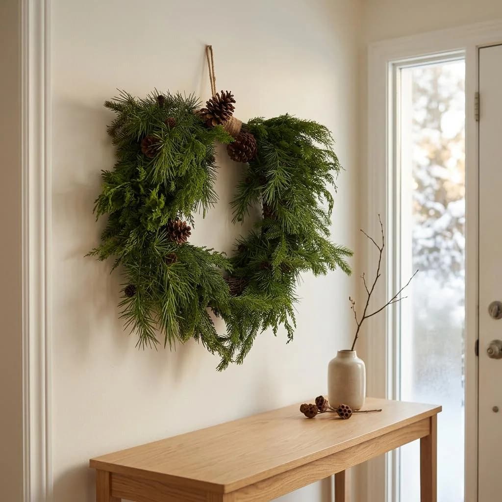 26" Natural Touch Mixed Evergreen Heart Wreath – Faux Pine & Cedar Wreath with Pinecones