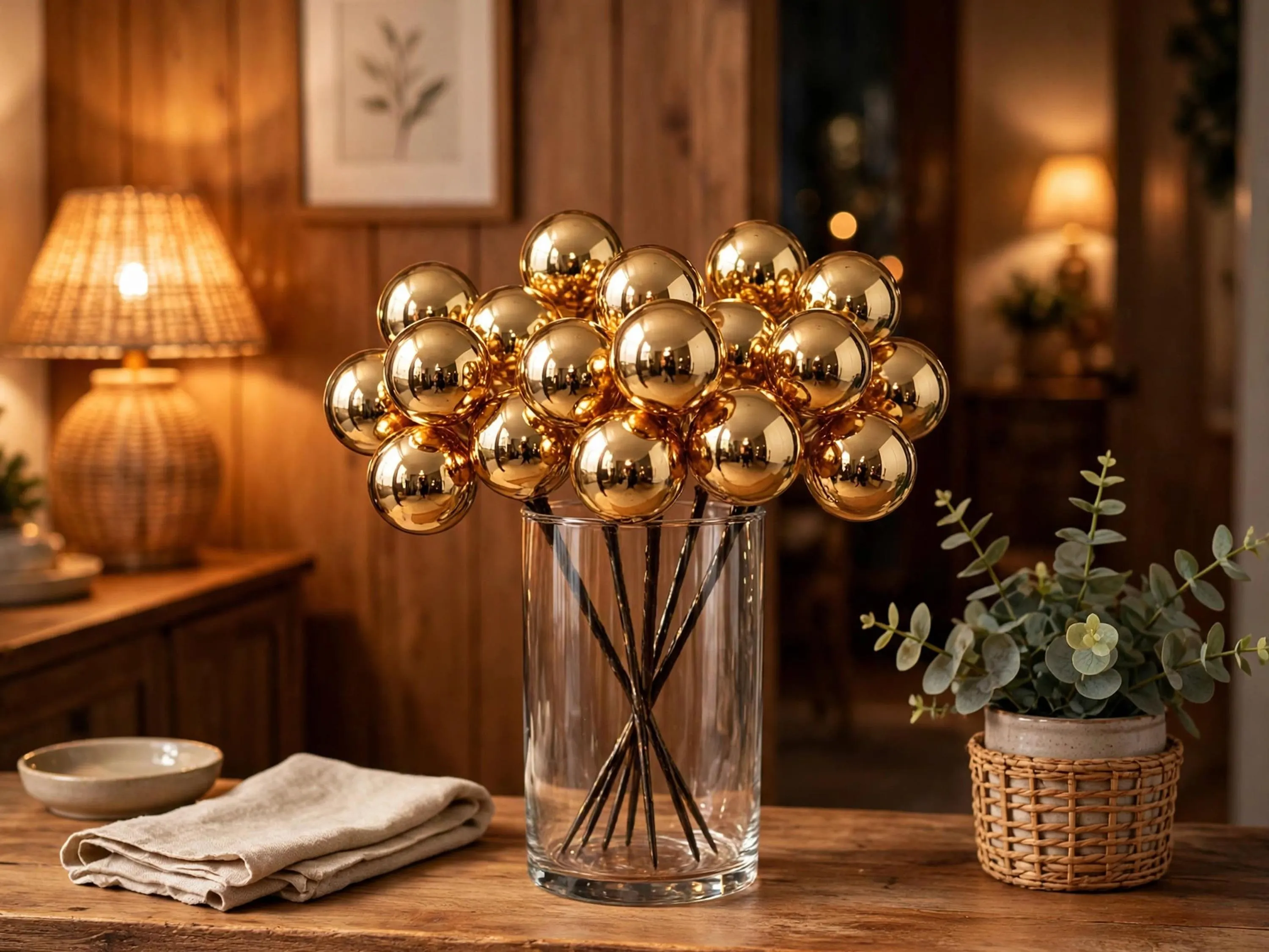 Gold Glass Ball Pick, 35mm Glass Ball Cluster, Gold Christmas Floral Pick, Holiday Wreath Accent