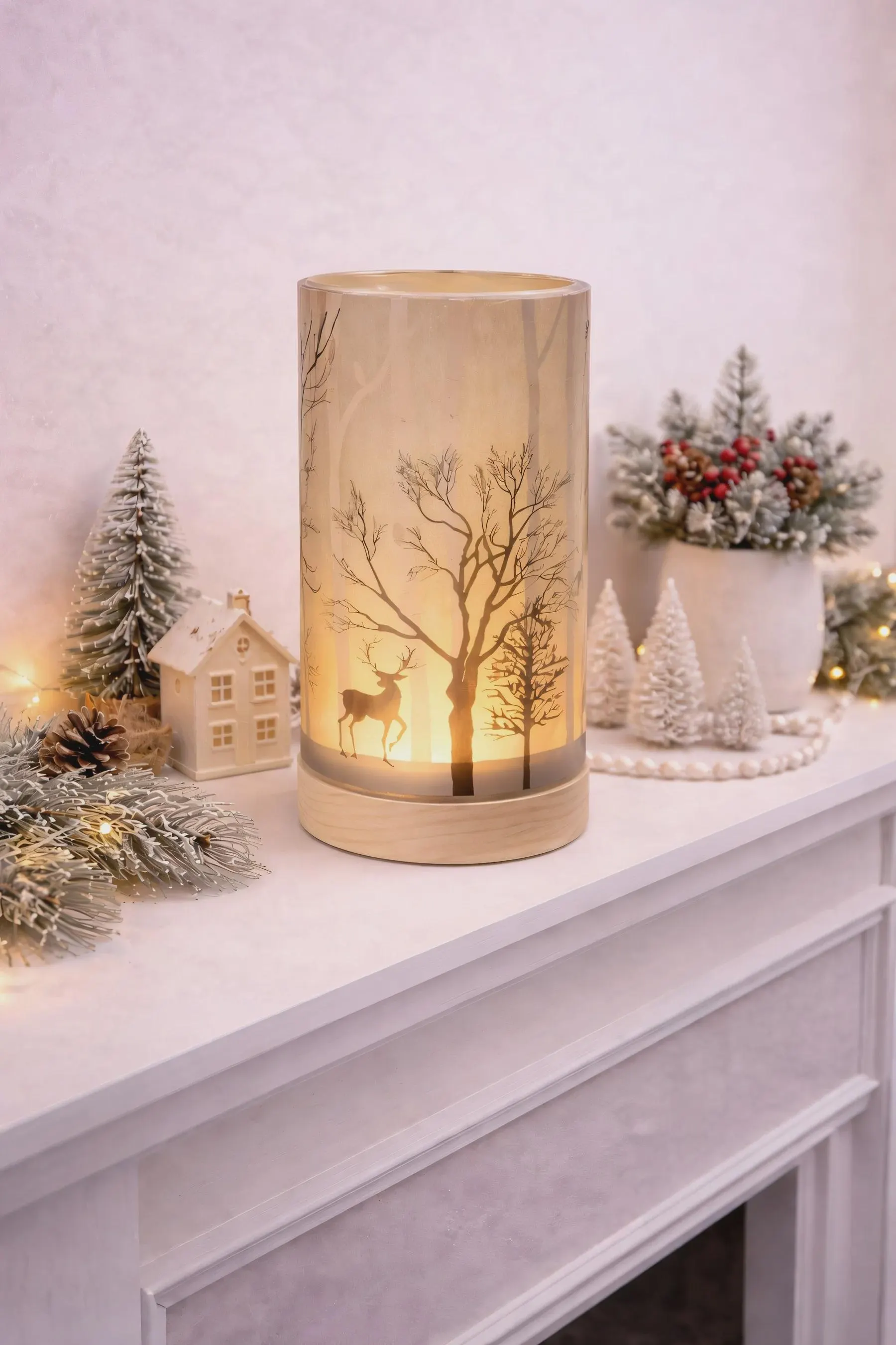 8" LED Glass Cylinder Reindeer Lantern, Flameless Christmas Candle Cylinder, Winter Forest Holiday Table Centerpiece, Festive Home Decor