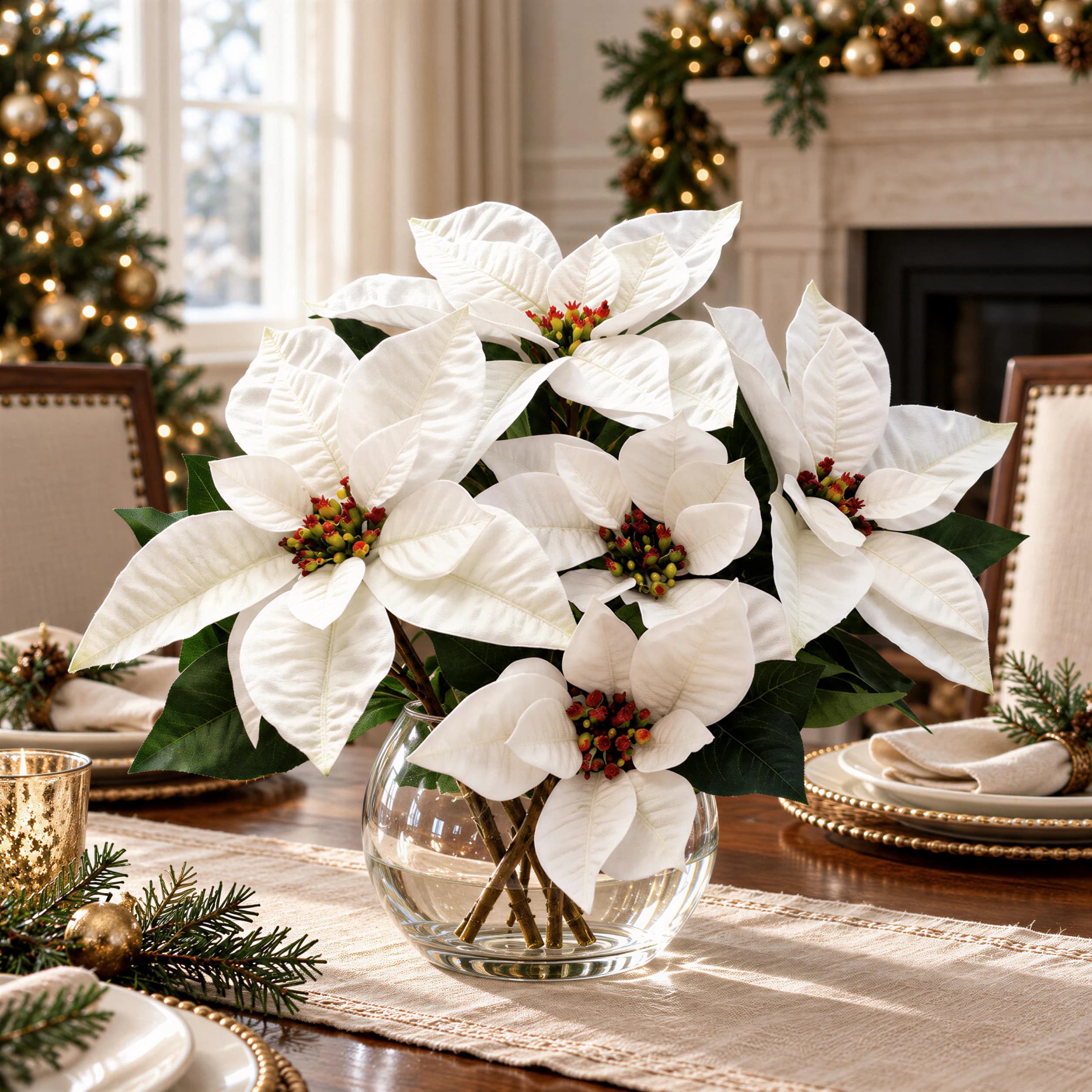 5 Heads, 17 Inch White Poinsettia Bush, Artificial Christmas Flowers