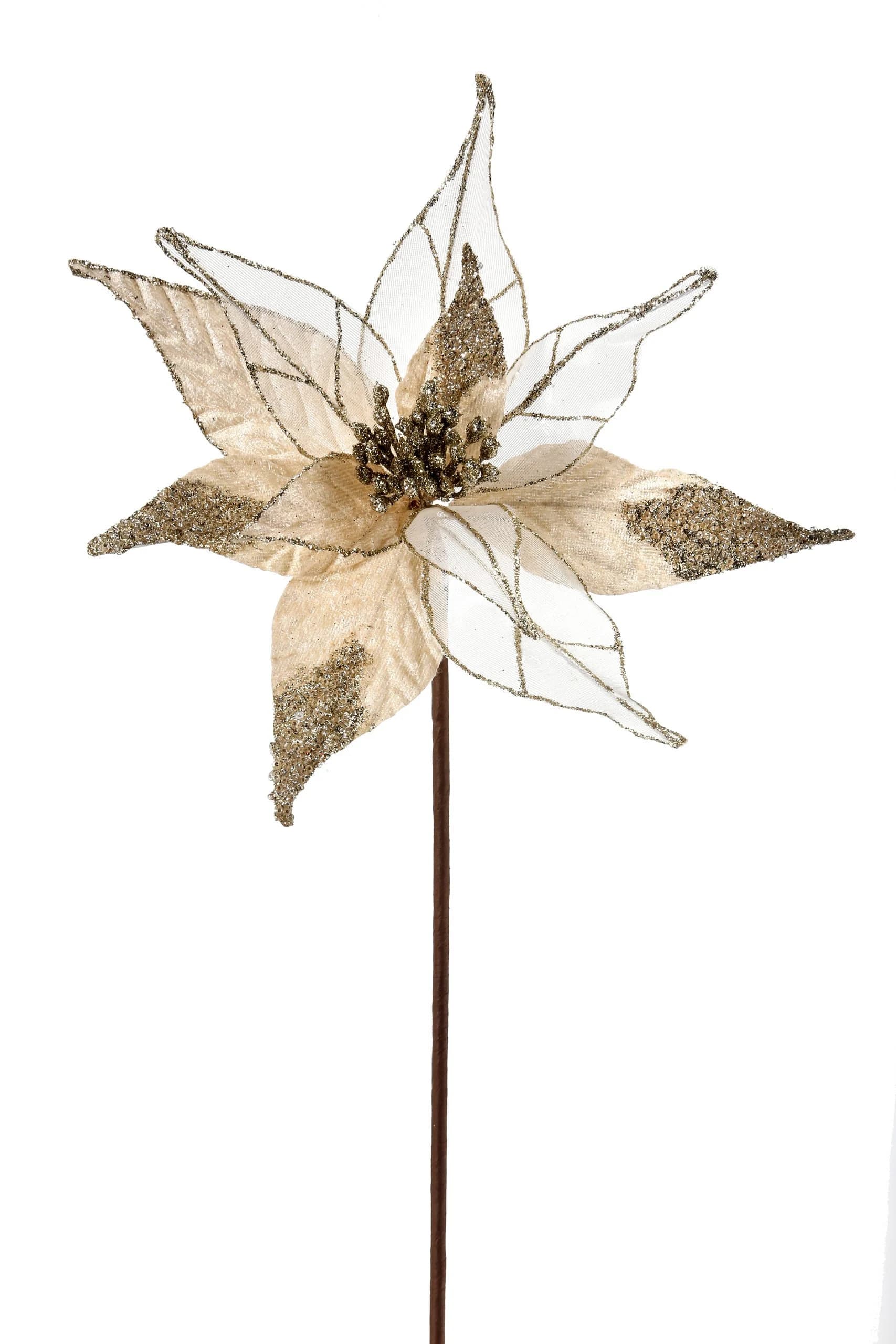 12" Ivory & Gold Velvet and Sheer Glitter Poinsettia/Holiday Decor/Christmas Decorations/Poinsettia Flowers/Christmas Season Decor