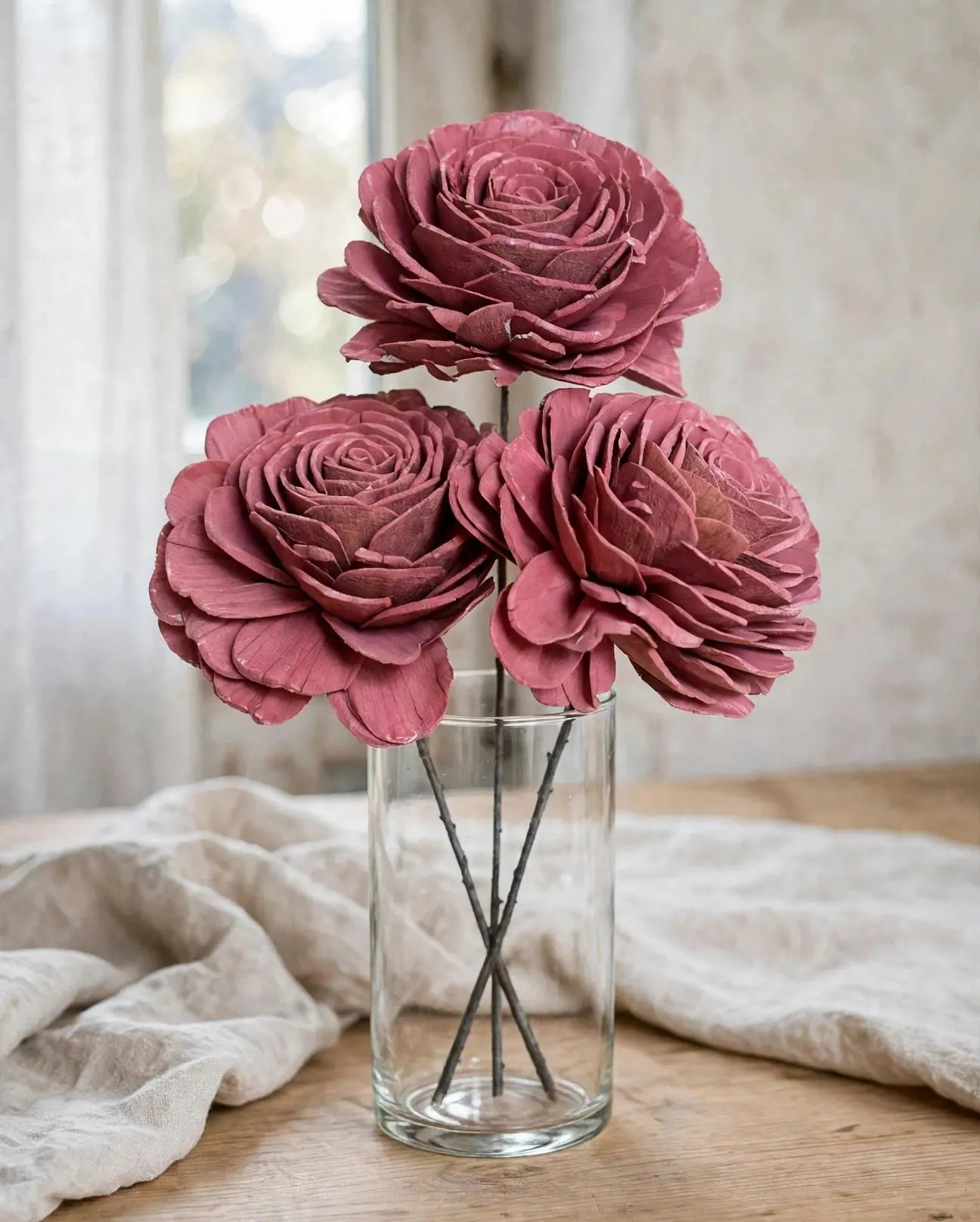 Sola Roses Large Dusty Rose 4 Inch | 3 Stems | Dried Wood Flowers for Bouquets