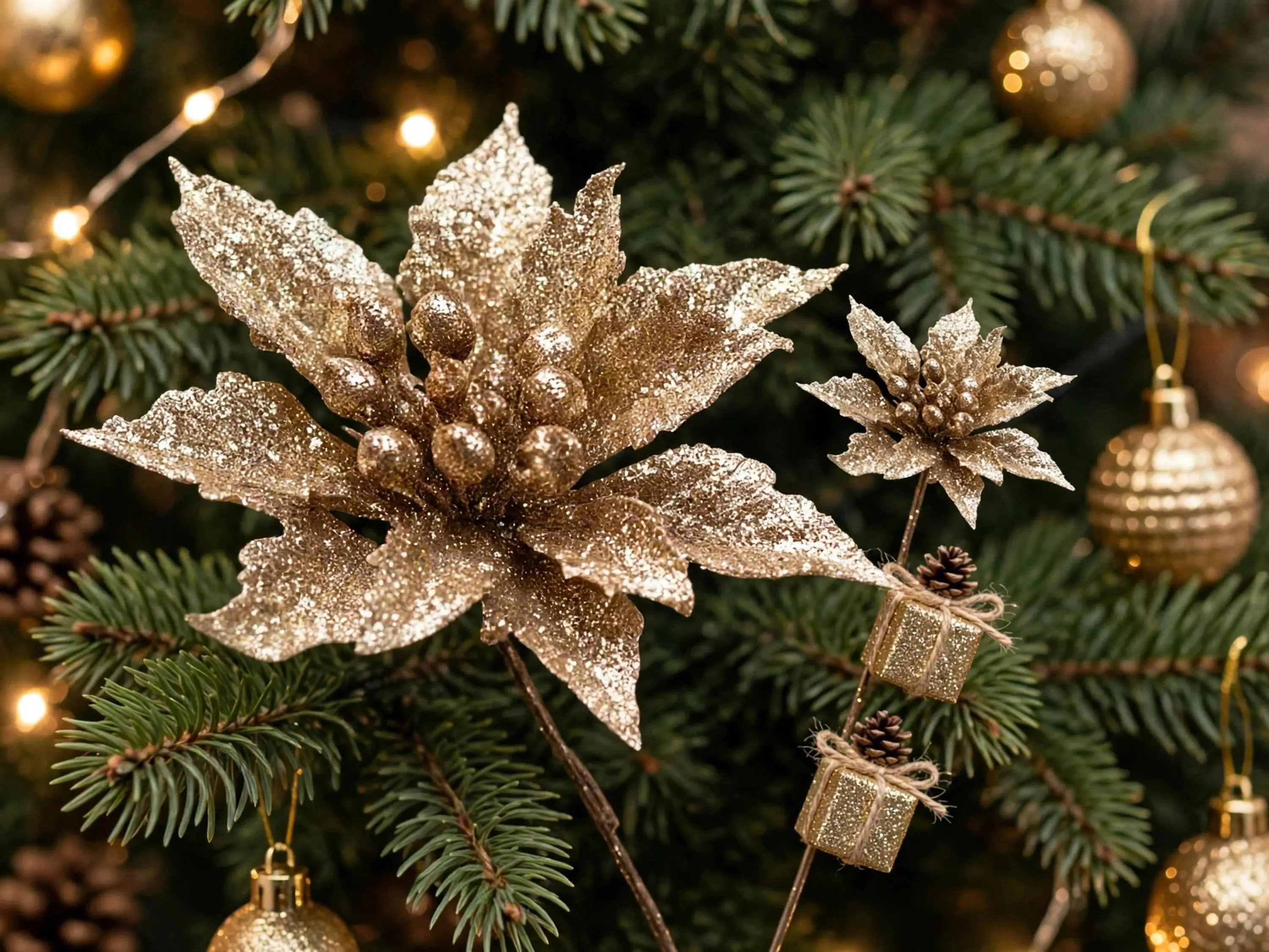 Gold Glitter Gift Box Pick 8.5 Inch | Christmas Floral Pick with Poinsettia | Holiday Wreath Decor