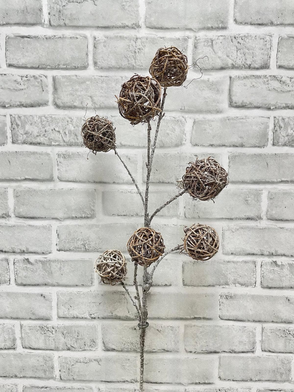 35" Frosted Round Twig Ball Spray, Faux Glitter Christmas Branch with 7 Rattan Spheres, Artificial Winter Twig Pick for Tall Vases