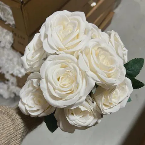 9-Head Cream Rose Bunch, Silk Artificial Rose Stem, Faux Lavender Roses for Wedding Bouquets, Romantic Purple Floral Decor,