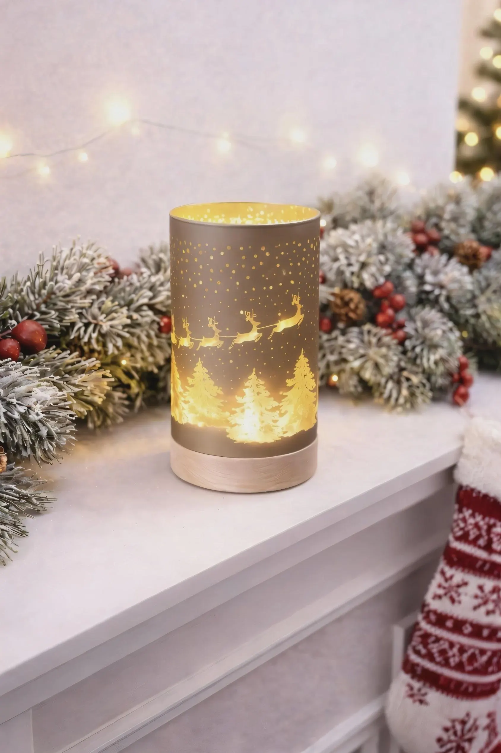 6" LED Champagne Glass Tree Cylinder with Wood Base, Flameless Ambient Glow Christmas Tree Lantern, Winter Holiday Table Centerpiece