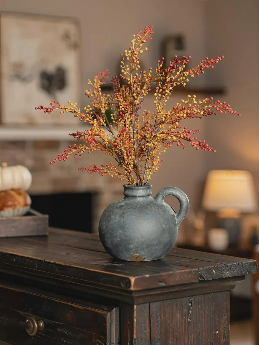 18" Fall Pepperberries Bush - Faux Autumn Berry Stem for Wreaths & Vases, Rustic Fall Floral Filler, Artificial Thanksgiving Decor