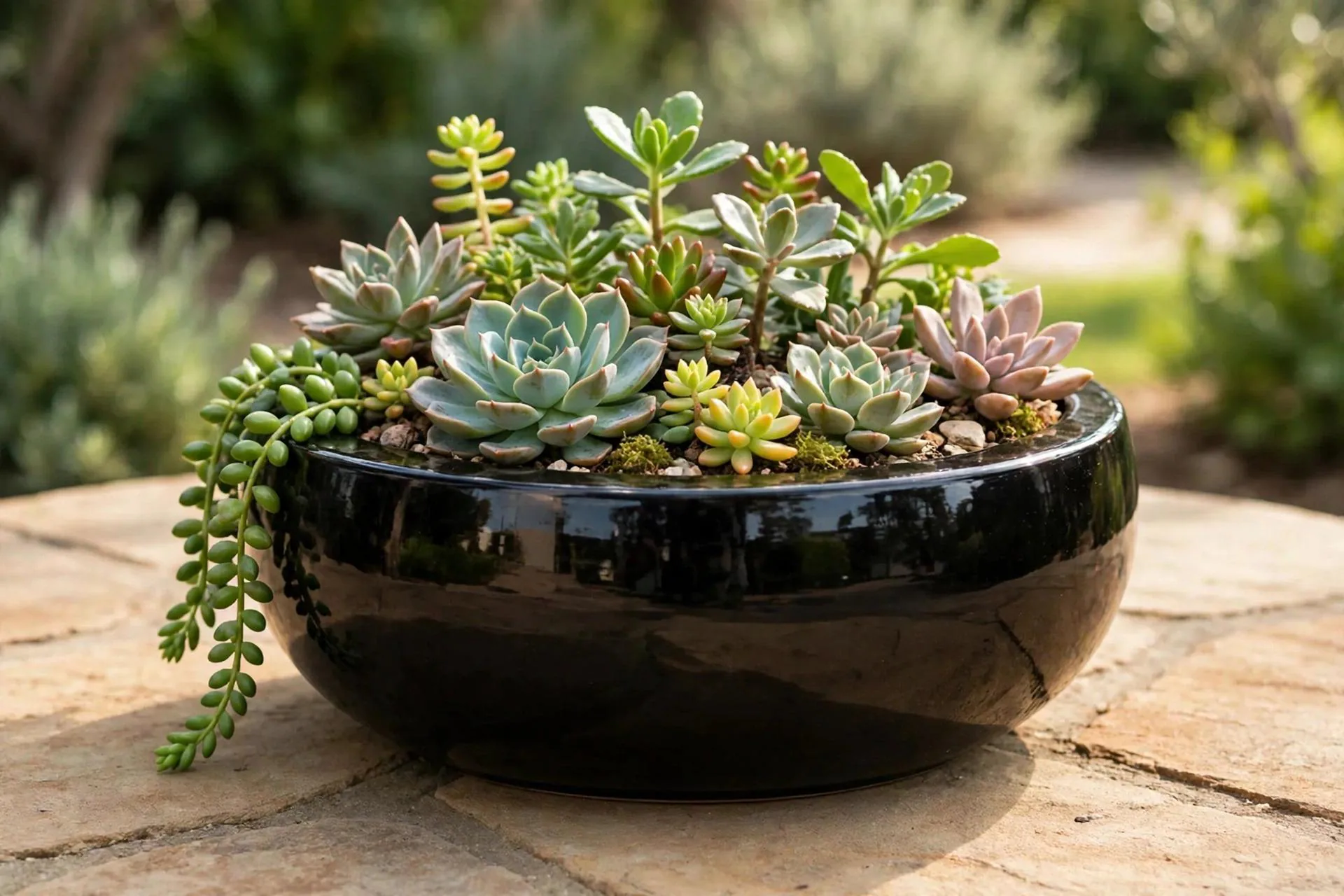 Polystone Low Bowl Black 15x7 Inch | Lacquered Round Bowl Planter | Succulent Garden Pot