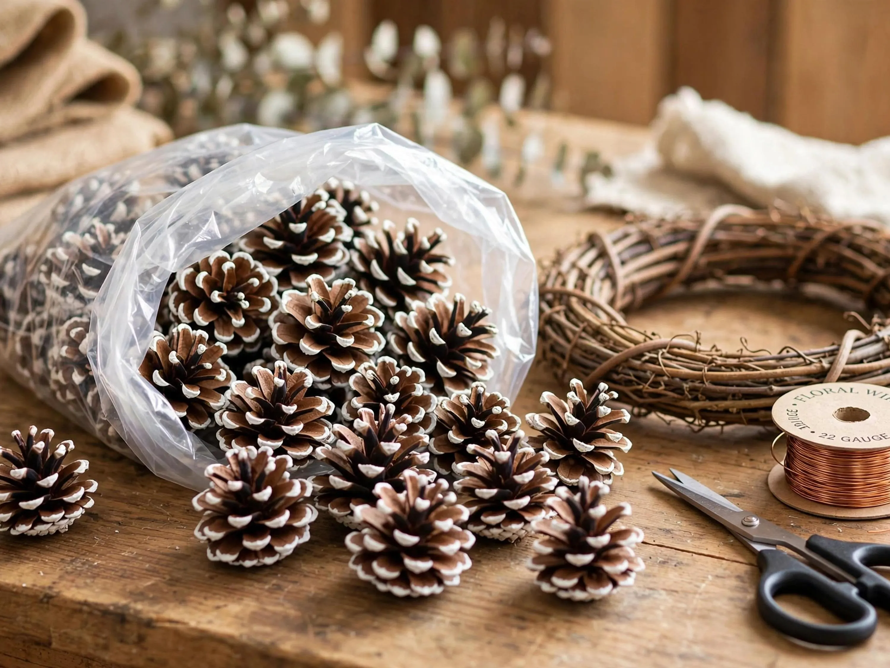 Bag of 24 White Tipped Pine Cones 1.5-2 Inch, Frosted Pinecones for Crafts, Christmas Wreath Garland Bowl Filler