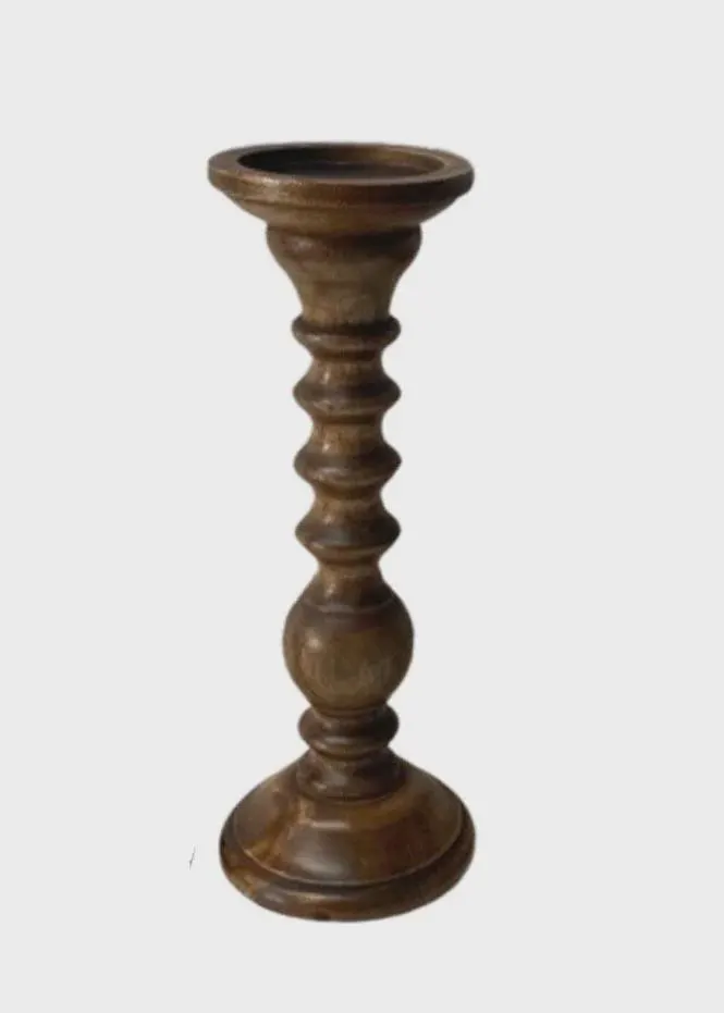 12" Turned Wooden Pillar Candle Holder – Rustic Natural Wood Candlestick, Farmhouse Wooden Pillar Stand for Mantels, Tables and Home Decor