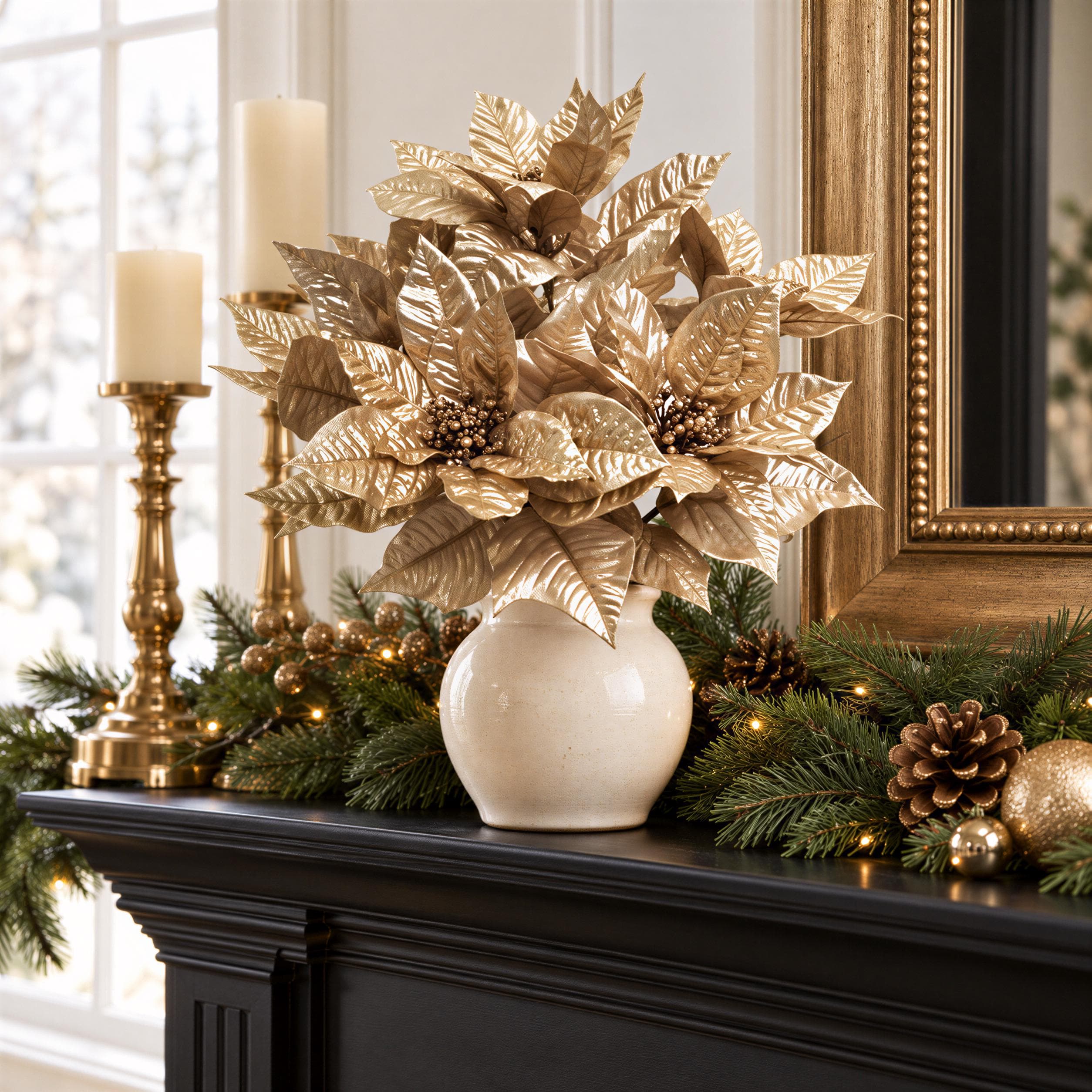 7 Heads, 12 Inch Gold Metallic Poinsettia Bush, Artificial Christmas Flowers