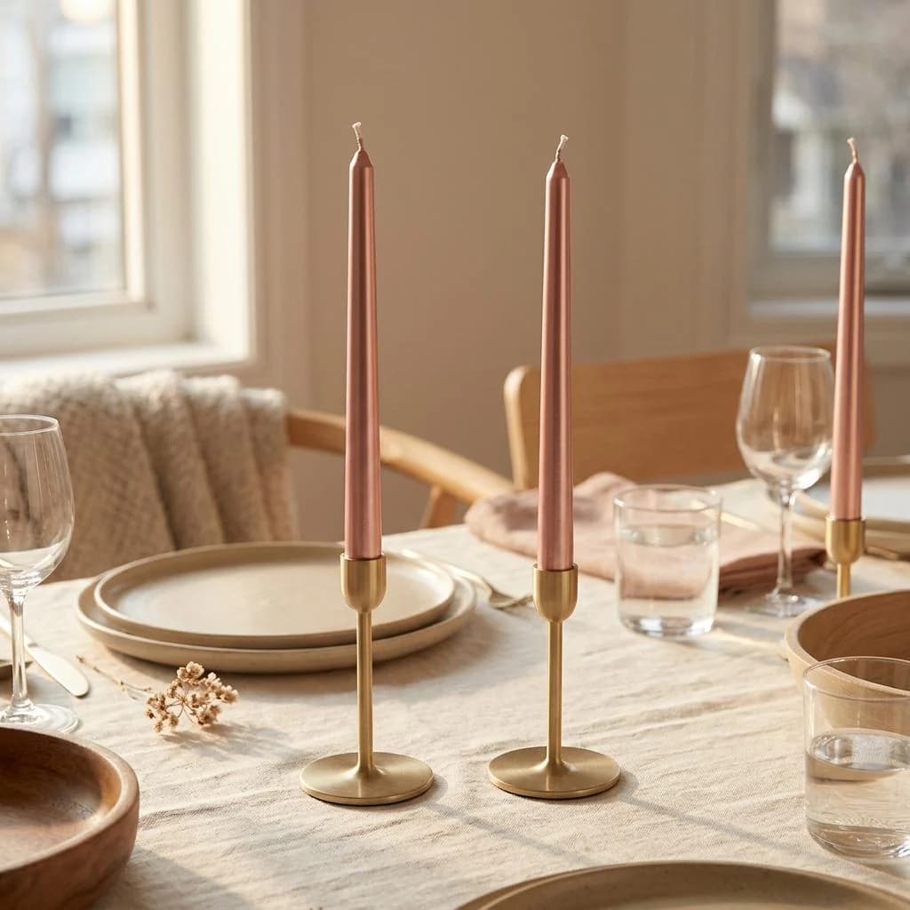 Metallic Rose Gold Taper Candles, Dripless Unscented 10 Inch Candle Sticks for Wedding Centerpieces, Elegant Dinner Table Decor Bulk Pack