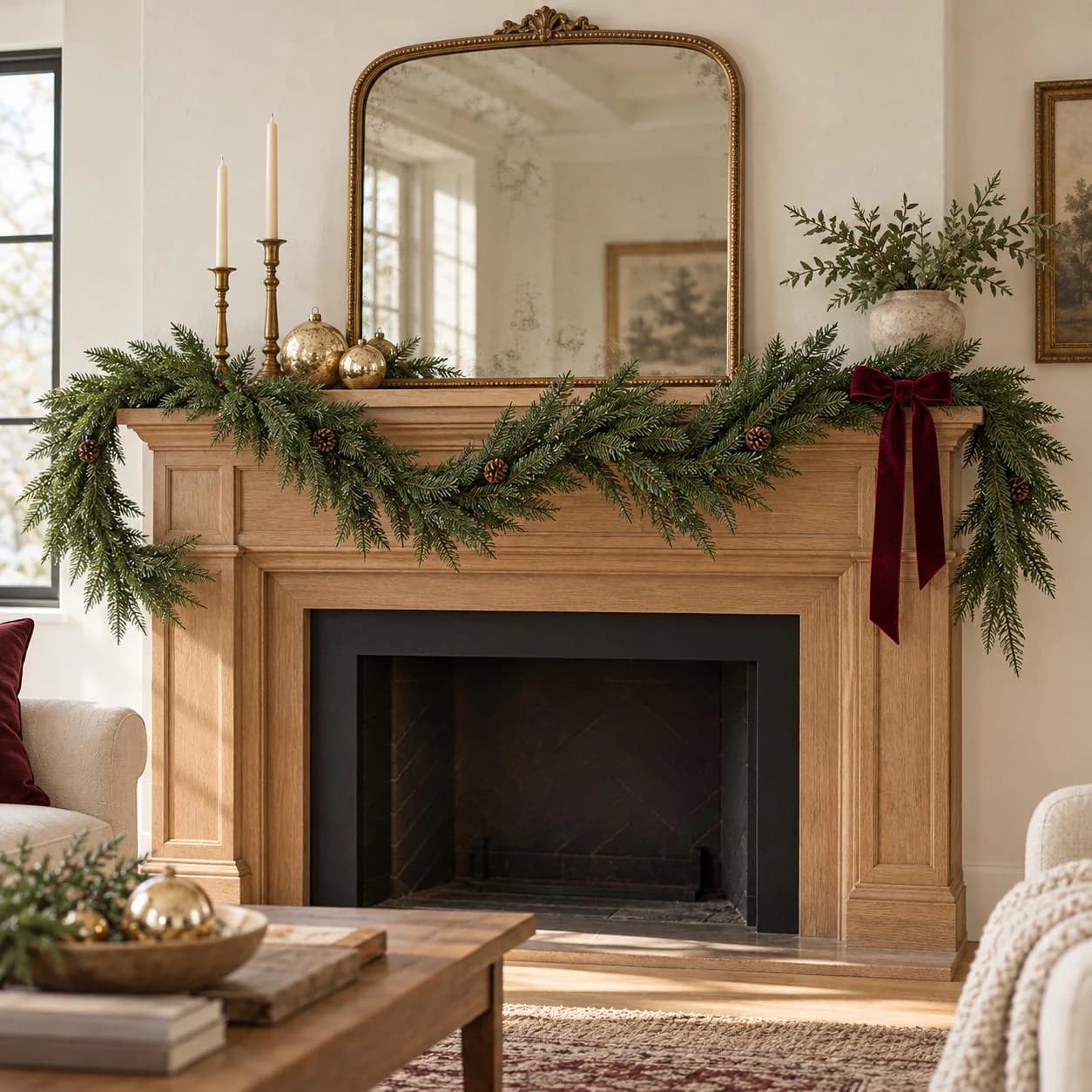 9 Foot Fresh Touch Noble Fir Garland with Small Pine Cones, Green Christmas Mantel and Staircase Decor
