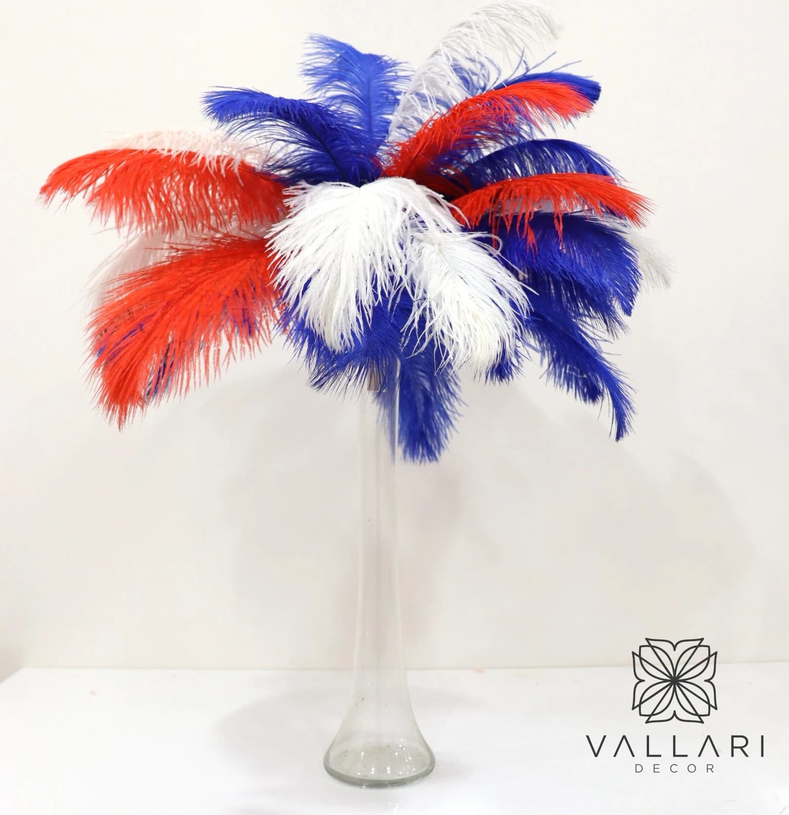 Red, Blue and White 20" Tall Ostrich Feather Centerpiece Kits with Round Eiffel Tower Vase