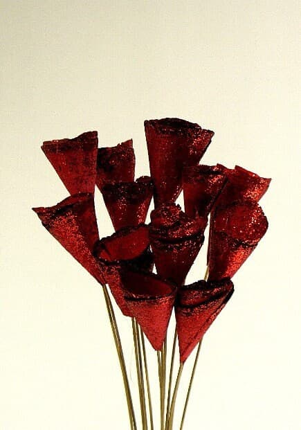 12PC 2-3" Red SPARKLE Mini Wood Cones On Stems/Cones/Rustic Decor Idea/Rustic Bowl Filler/Home Decor/Rustic Table Decor/Vase Filler