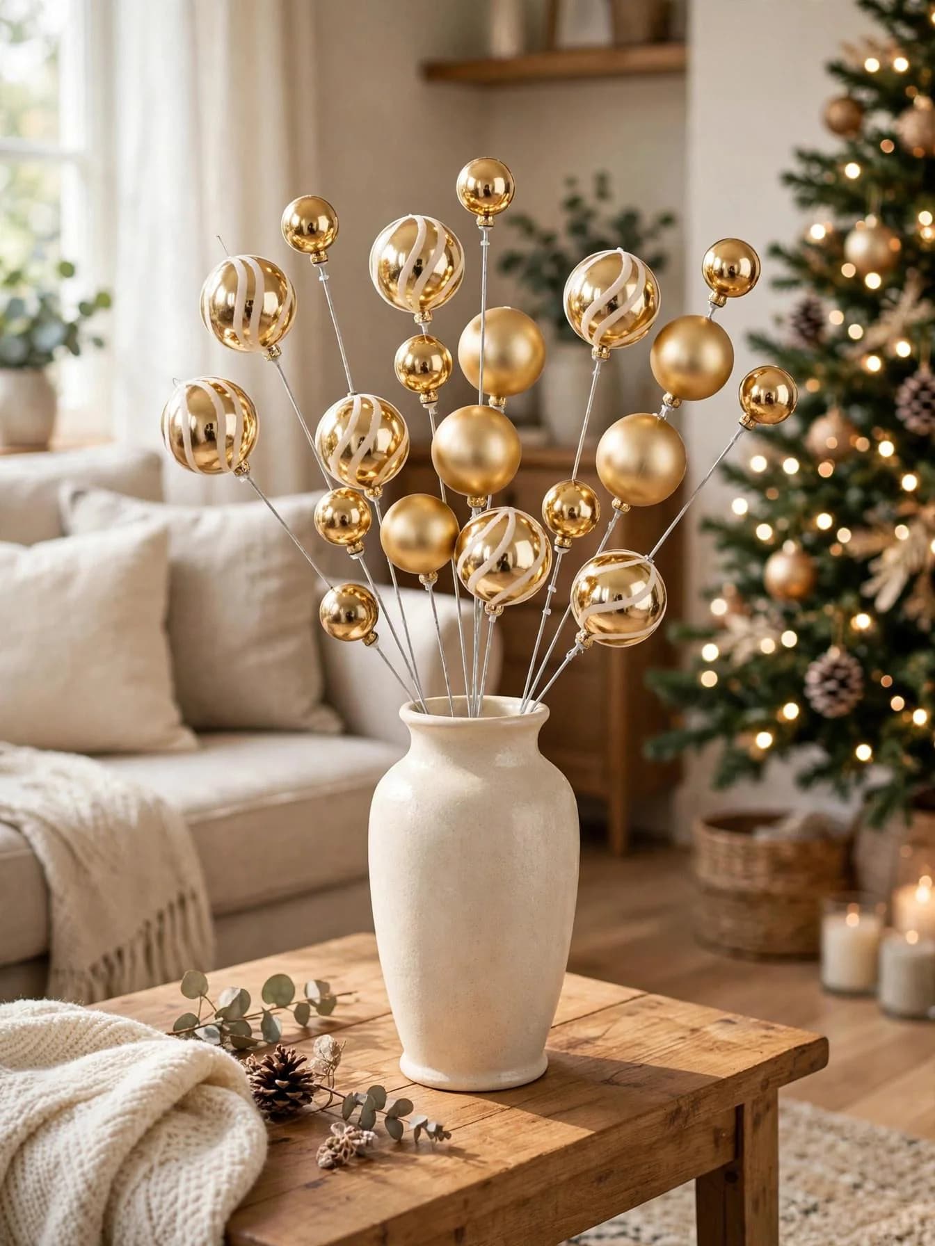 18 Inch Gold Ball Spray, 8 Shiny Mirror Balls | Christmas Tree Pick | Holiday Floral Stem