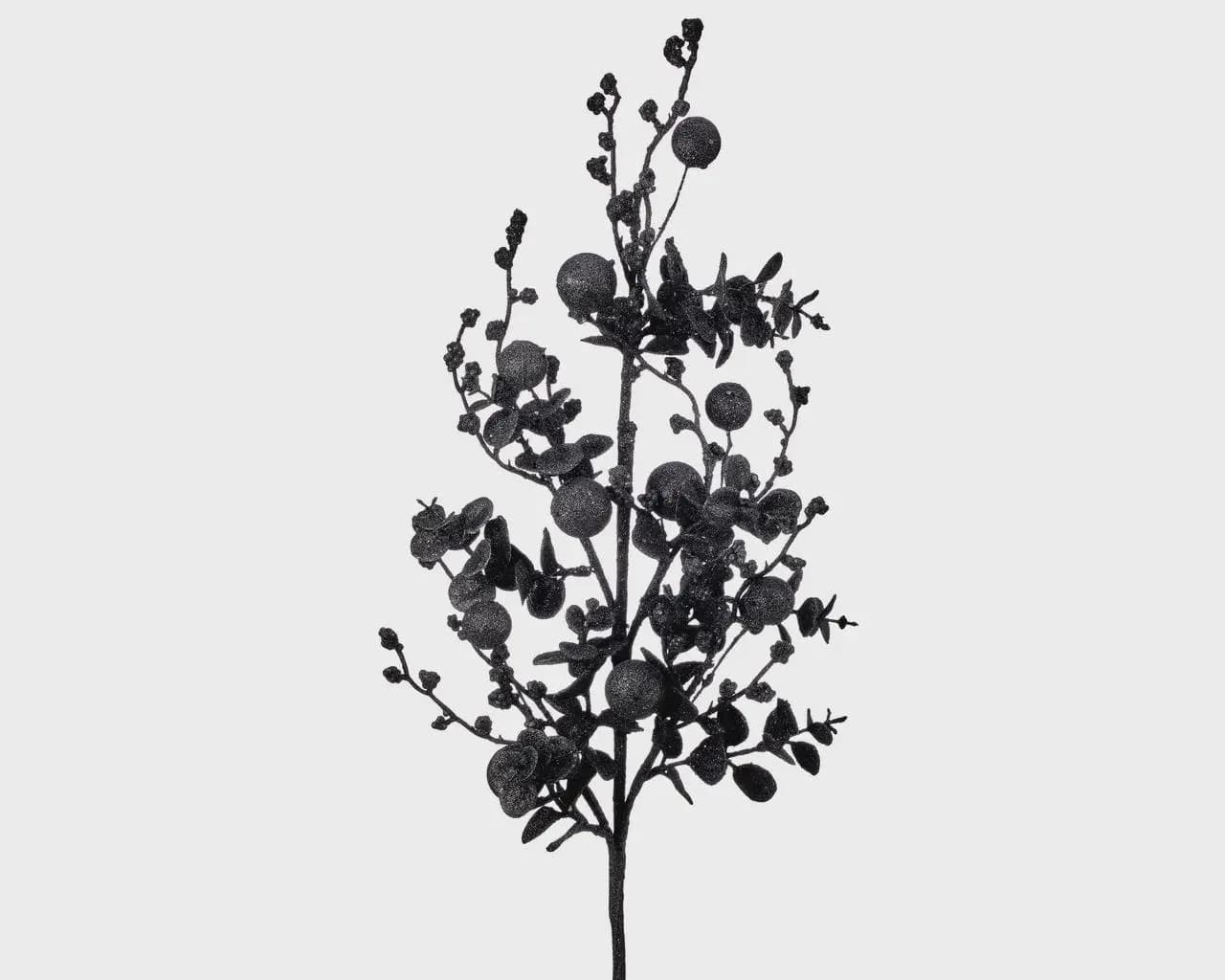 30" Black Glitter Eucalyptus Spray, Artificial Berry Ball Stem, Faux Dark Floral Pick, Halloween Christmas Tree Wreath Craft Supply
