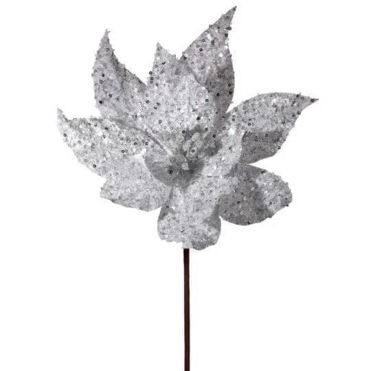 24" Silver & White Glitter Poinsettia/Holiday Decor/Christmas Decorations/Poinsettia Picks/Poinsettia Flowers/Poinsettia Plants