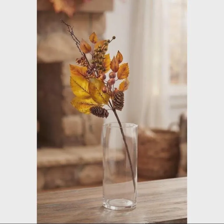 24" Fall and Winter Pine Cone Spray, Beech Leaf & Berry Stem, Golden Brown Autumn Foliage, Faux Holiday Floral Pick, Rustic Christmas Decor
