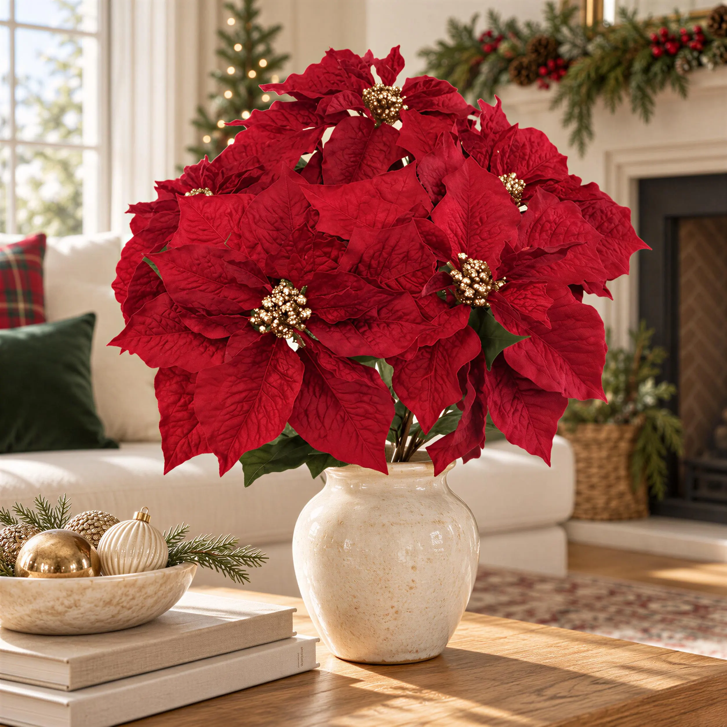 21 Inch Burgundy Velvet Poinsettia Bush, Artificial Christmas Flowers