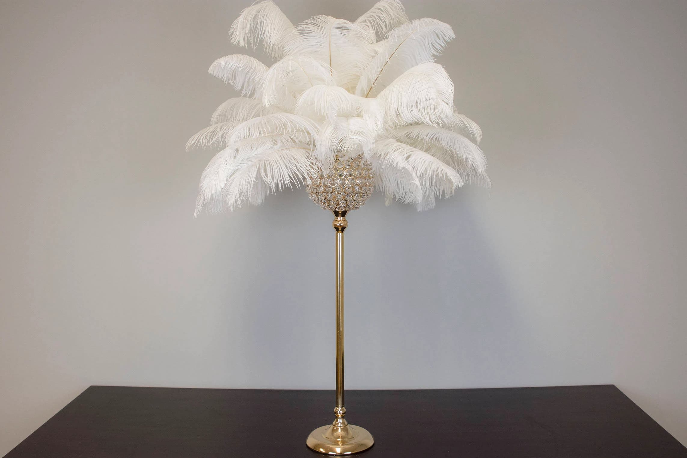 28" Tall Round Globe Gold Crystal Stand Ostrich Feather Centerpiece for Great Gatsby/Wedding/Old Hollywood/Glitz and Glam themes