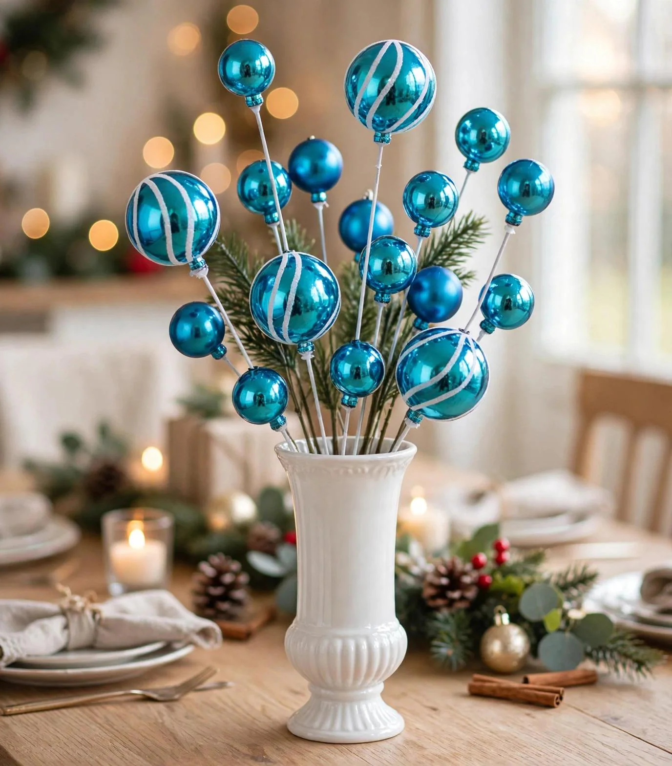 18 Inch Blue Ball Spray, 8 Shiny Mirror Balls | Christmas Tree Pick | Holiday Floral Stem