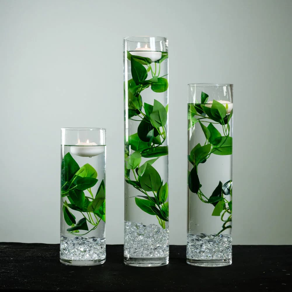 Submersible Solid Green Ivy Stems Floral Wedding Centerpiece with Floating Candles and Acrylic Crystals Kit