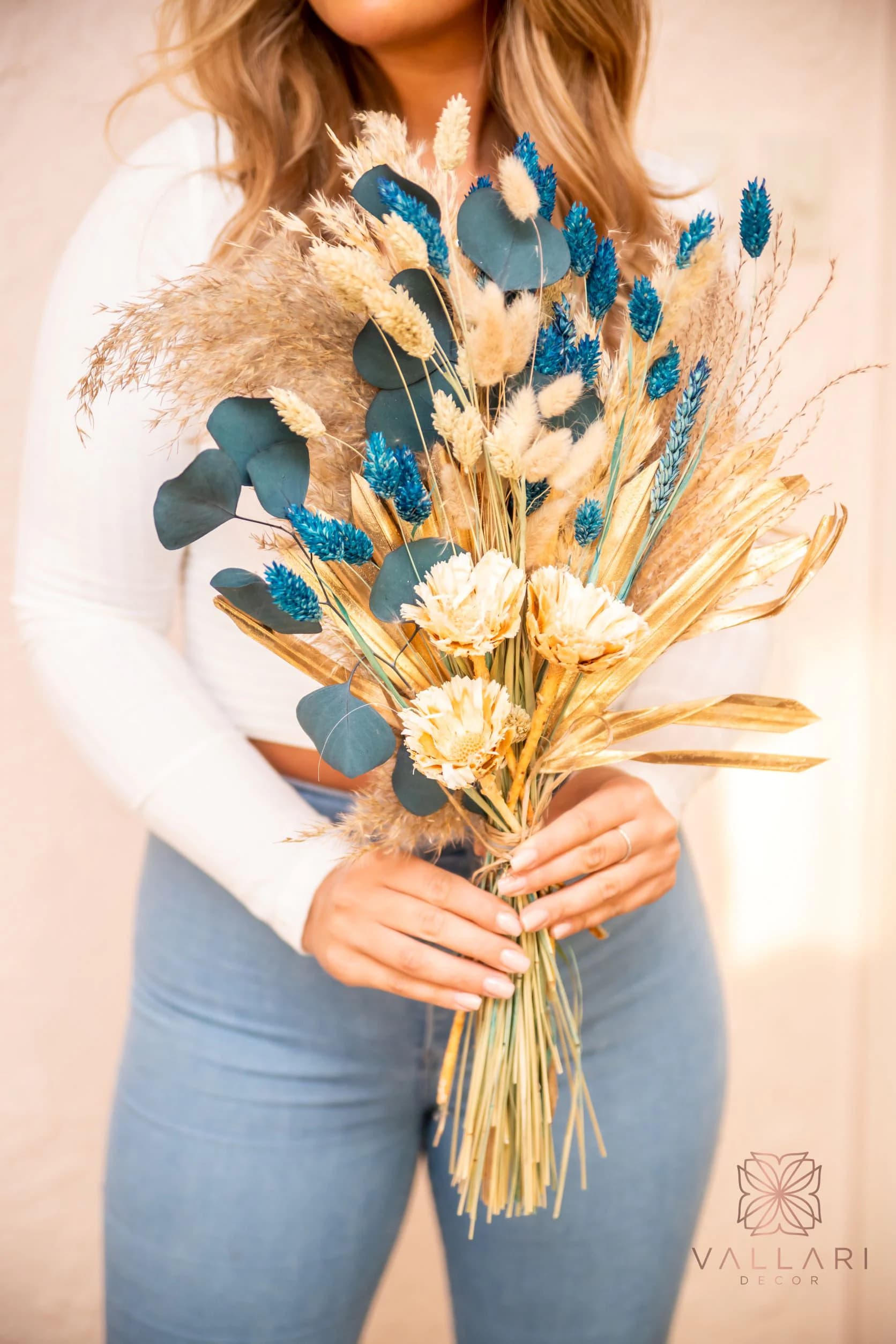 Dried Blue Sunshine Gold Floral Pampas Floral Bouquet/25"/Palm Spades/Reed/Dried Pampas/Pampas Bouquet Decor/Boho Pampas/Bouquet/Bunny Tail