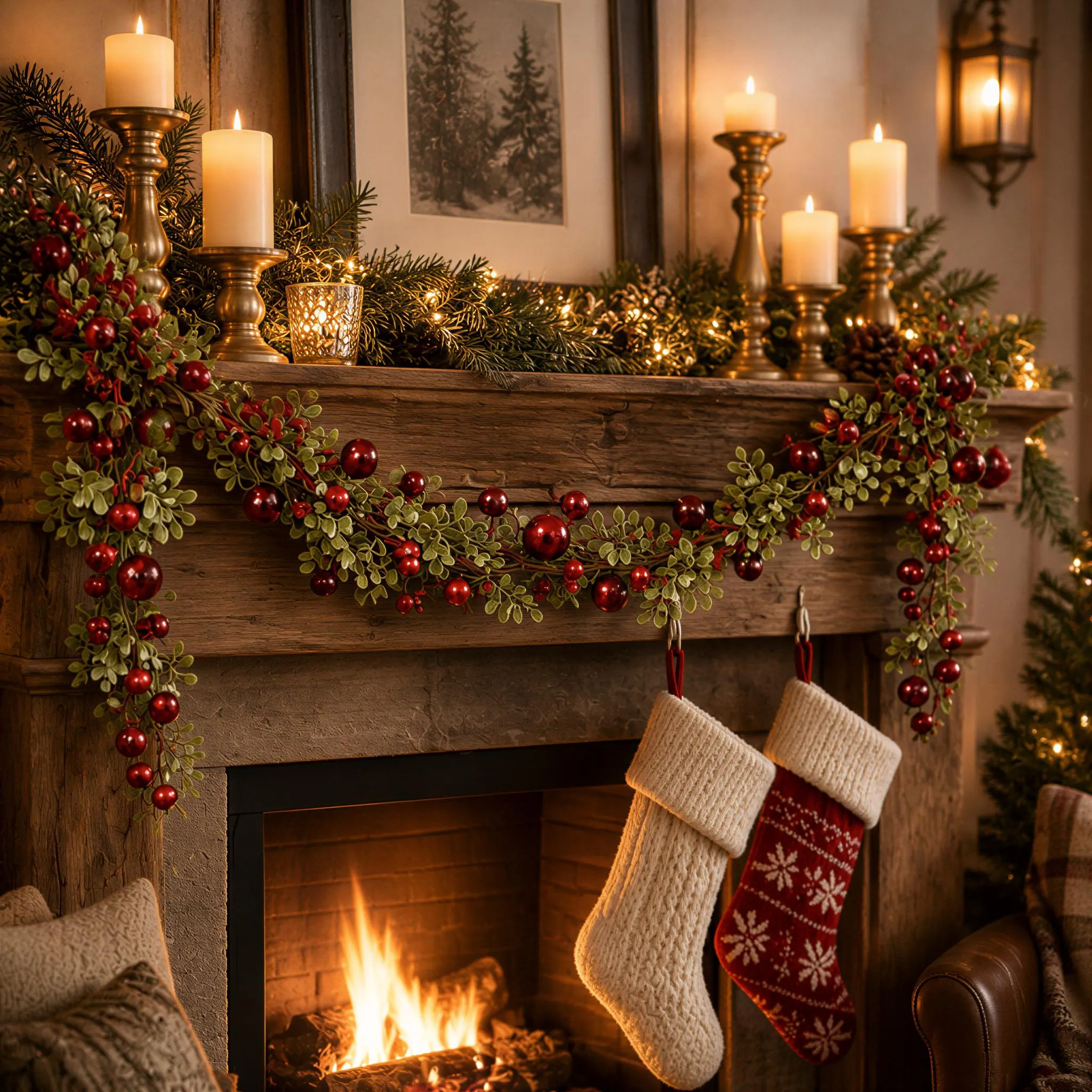 5 Foot Olive Leaf Christmas Garland with Red Berries, Natural Holiday Mantel and Table Decor