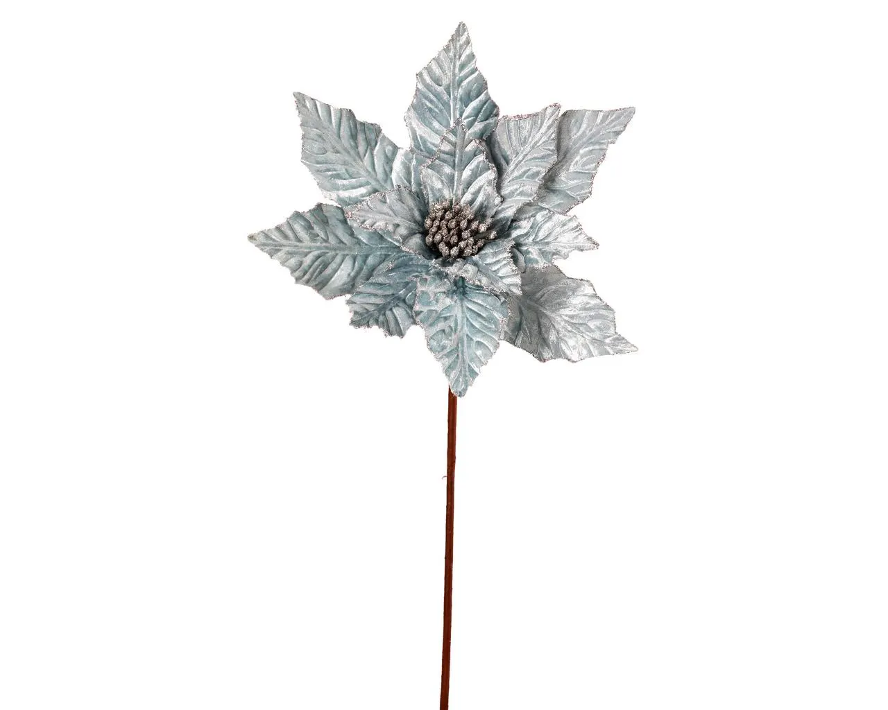 24" Light Blue Velvet Poinsettia Stem with Glitter Edge - Sparkle Christmas Tree Pick, Frozen Winter Decor, Holiday Wreath Floral